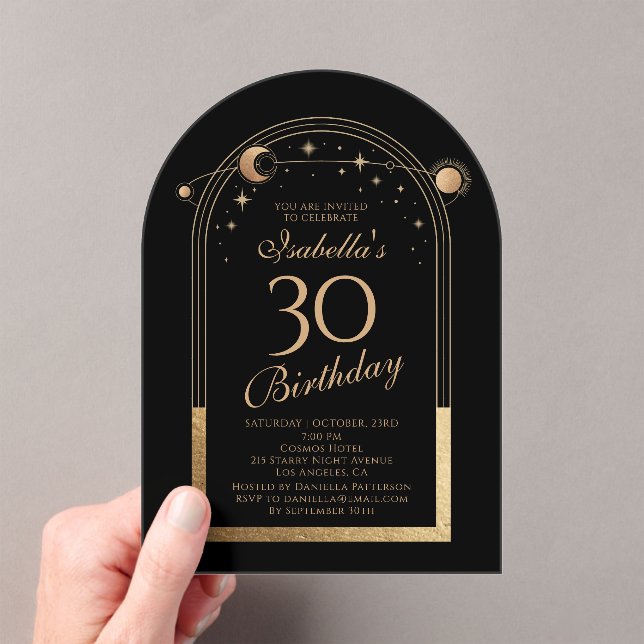 Celestial Black Gold Sun Moon Stars 30th Birthday Acrylic Invitations (Insitu (Handheld))