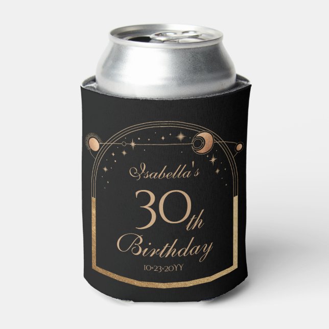 Celestial Black Gold Sun Moon Stars 30th Birthday Can Cooler (Can Front)