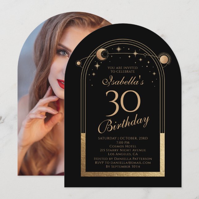 Celestial Black Gold Sun Moon Stars 30th Birthday Invitation (Front/Back)