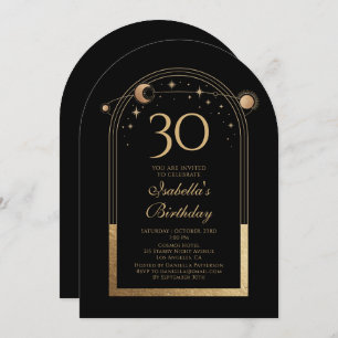 Celestial Black Gold Sun Moon Stars 30th Birthday Invitation