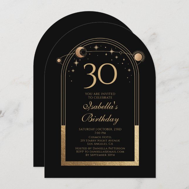 Celestial Black Gold Sun Moon Stars 30th Birthday Invitation (Front/Back)