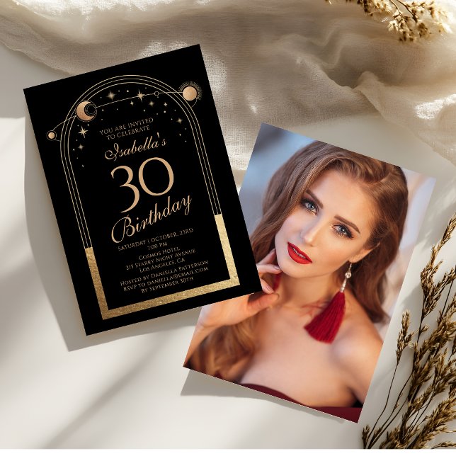 Celestial Black Gold Sun Moon Stars 30th Birthday Invitation (Creator Uploaded)
