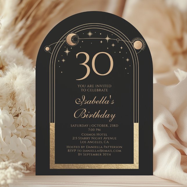 Celestial Black Gold Sun Moon Stars 30th Birthday Invitation (Creator Uploaded)