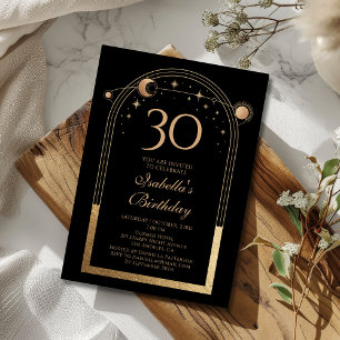 Celestial Black Gold Sun Moon Stars 30th Birthday Invitation