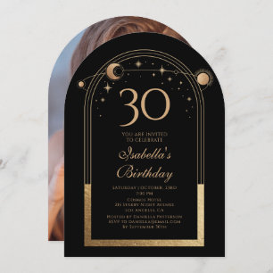 Celestial Black Gold Sun Moon Stars 30th Birthday Invitation