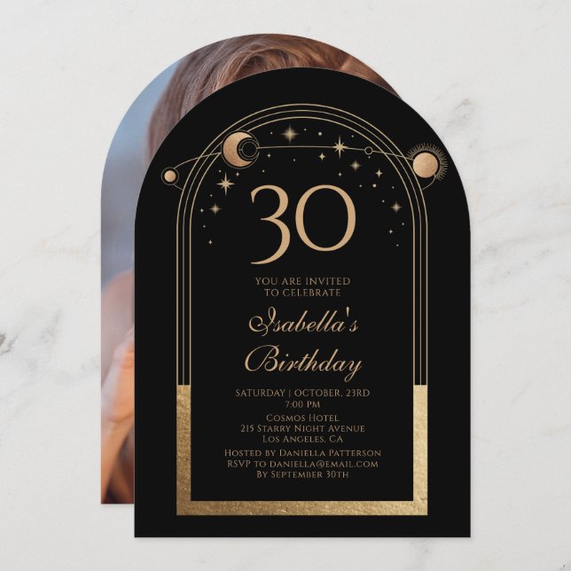 Celestial Black Gold Sun Moon Stars 30th Birthday Invitation (Front/Back)