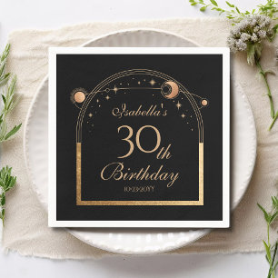 Celestial Black Gold Sun Moon Stars 30th Birthday Napkin