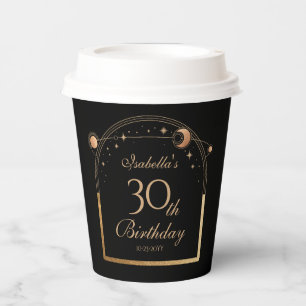 Celestial Black Gold Sun Moon Stars 30th Birthday Paper Cups