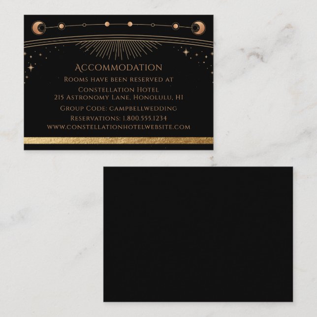 Celestial Black Gold Sun Moon Stars Accommodation Enclosure Card (Front/Back)