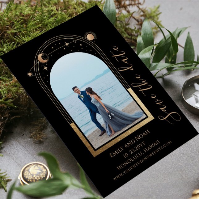 Celestial Black Gold Sun Moon Stars Arch Photo Save The Date (Creator Uploaded)