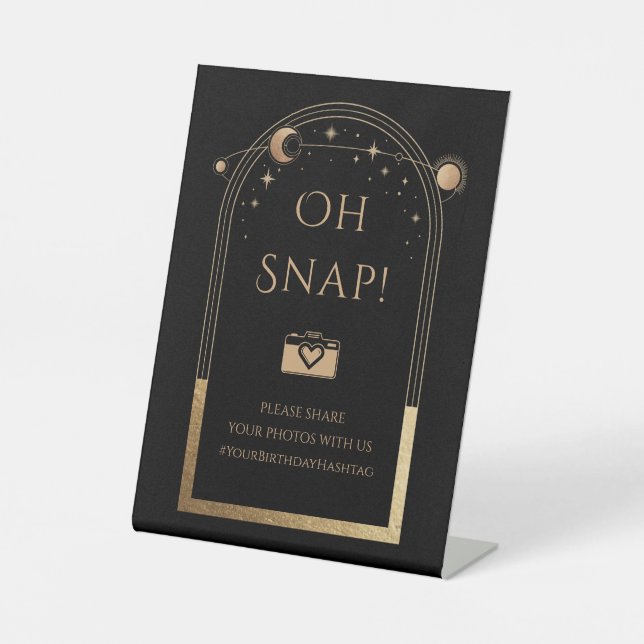 Celestial Black Gold Sun Moon Stars Oh Snap Pedestal Sign (Front)