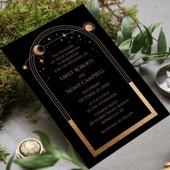 Celestial Black Gold Sun Moon Stars Photo Wedding Invitation (Creator Uploaded)