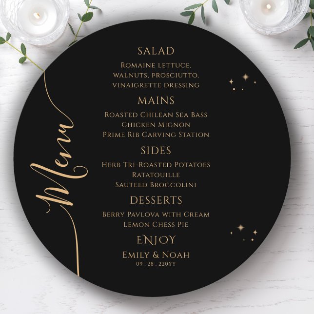 Celestial Black Gold Sun Moon Stars Wedding Menu (Creator Uploaded)
