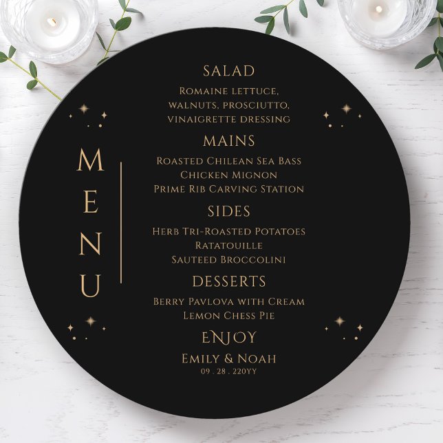 Celestial Black Gold Sun Moon Stars Wedding Menu (Creator Uploaded)
