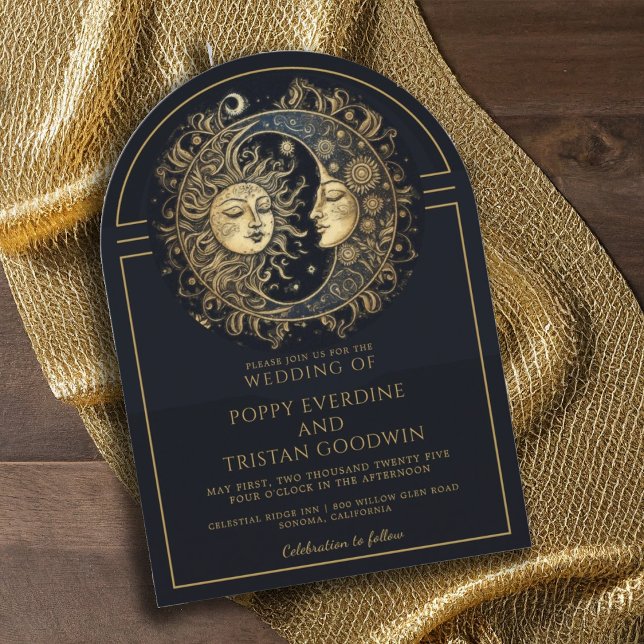 Celestial Black Gold Sun Moon Wedding  Invitation (Creator Uploaded)