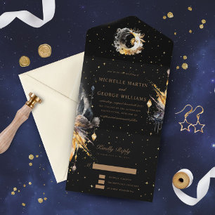 Celestial Black Gold Wedding All In One Invitation
