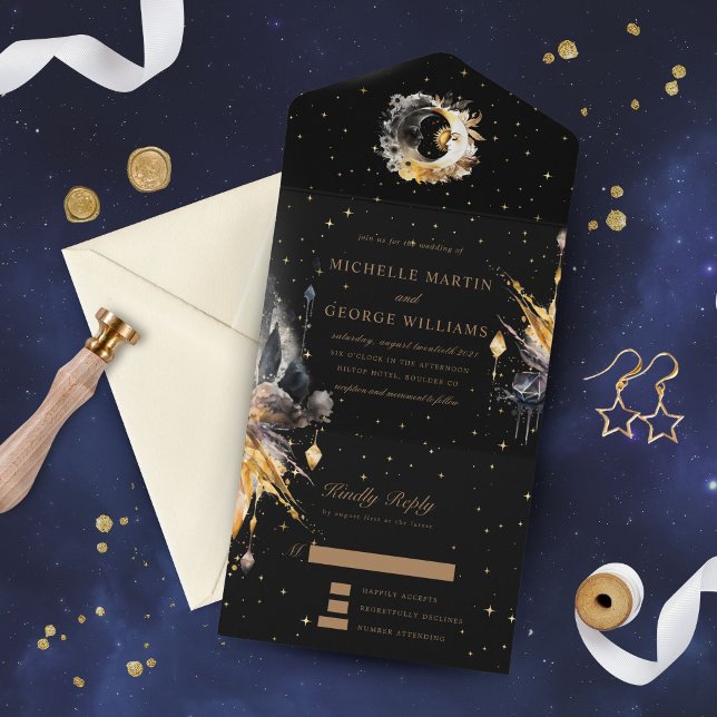 Celestial Black Gold Wedding All In One Invitation (Creator Uploaded)