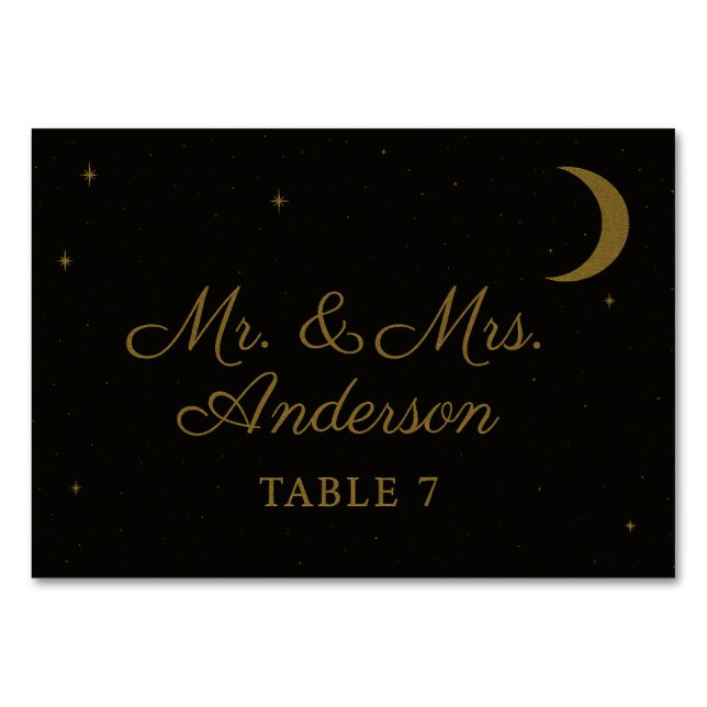 Celestial Black & Gold Wedding Escort Card (Front)