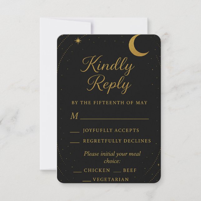 Celestial Black & Gold Wedding RSVP Card | Elegant (Front)