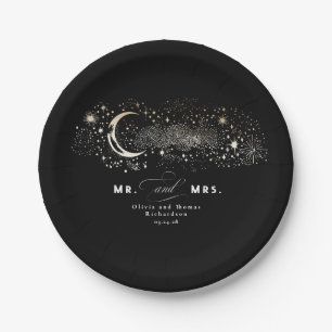 Celestial Black Mr and Mrs Wedding Paper Plate