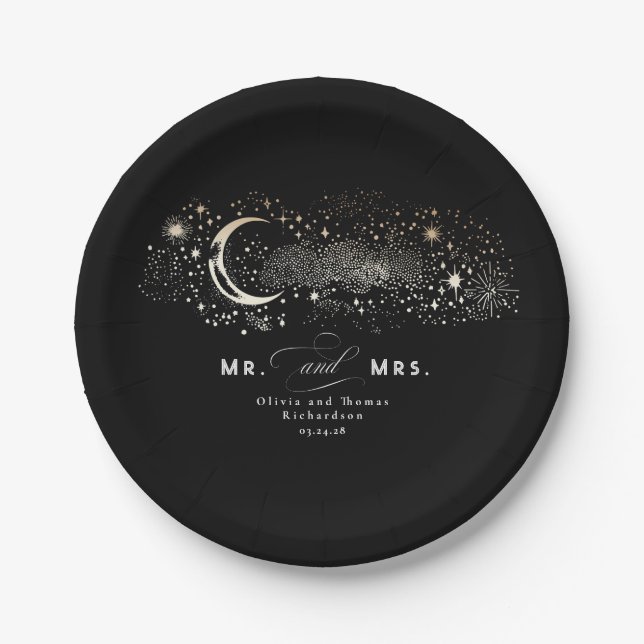 Celestial Black Mr and Mrs Wedding Paper Plate (Front)