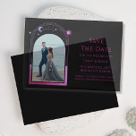 Celestial Black Purple Photo Wedding Save The Date Vellum Invitations<br><div class="desc">Celestial Chic Black Purple Photo Wedding Vellum Save The Dates Invitations features a pink purple sun, moon and stars frame on an elegant black background. Inside is your favourite photo and your custom save the date information. Personalise by editing the text in the text boxes. Designed for you by ©Evco...</div>