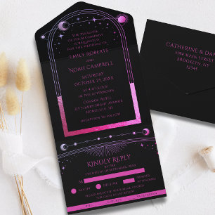 Celestial Black Purple Sun Moon Astronomy Wedding All In One Invitation