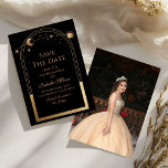 Celestial Black Save The Date Birthday Quinceanera<br><div class="desc">Celestial Black Save The Date Birthday Quinceanera Invitation features a gold sun, moon and stars frame on a black background. Inside is your custom Quinceanera save the date information and on the reverse add your favourite photo. Personalise by editing the text in the text boxes. Designed for you by ©2024...</div>