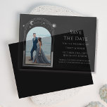 Celestial Black Silver Photo Wedding Save The Date Vellum Invitations<br><div class="desc">Celestial Chic Black Silver Photo Wedding Vellum Save The Dates Invitations features a silver sun, moon and stars frame on an elegant black background. Inside is your favourite photo and your custom save the date information. Personalise by editing the text in the text boxes. Designed for you by ©Evco Studio...</div>