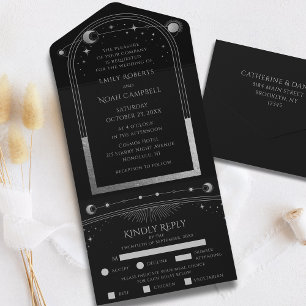 Celestial Black Silver Sun Moon Astronomy Wedding All In One Invitation