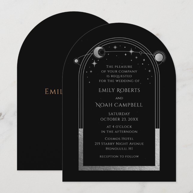 Celestial Black Silver Sun Moon Astronomy Wedding Invitation (Front/Back)
