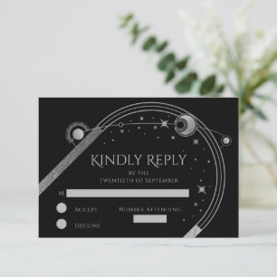 Celestial Black Silver Sun Moon Stars Wedding RSVP Card