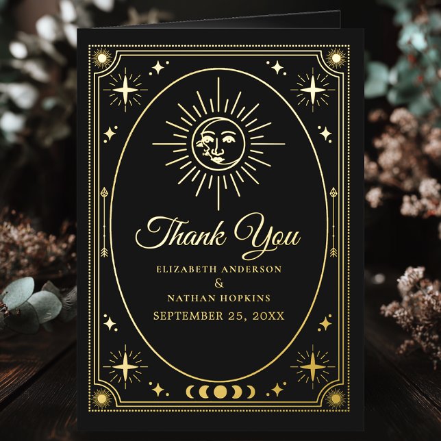 Celestial Black Tarot Wedding Photo Thank You Foil Greeting Card (Creator Uploaded)