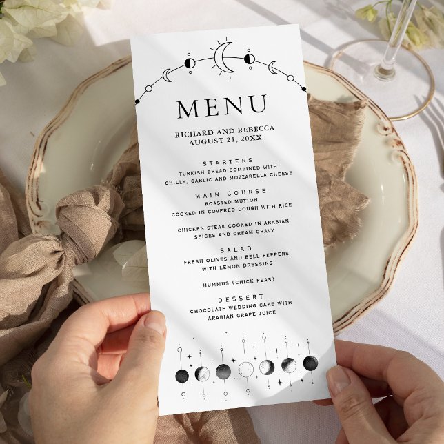 Celestial Black White Crescent Moon Phases Wedding Menu (Creator Uploaded)