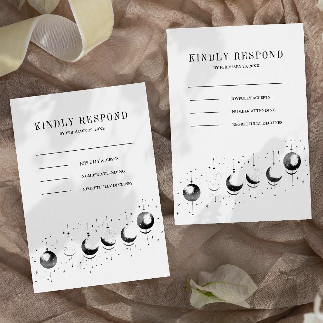 Celestial Black White Crescent Moon Phases Wedding RSVP Card (Creator Uploaded)
