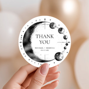 Celestial Black White Moon Phase Wedding Thank You Classic Round Sticker