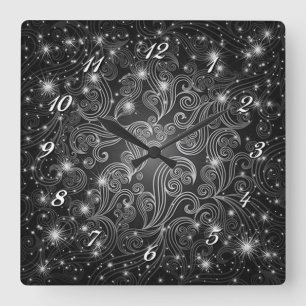 Celestial Black & White Swirls & Stars Wall Clock