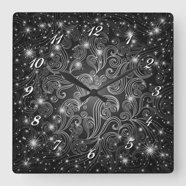 Celestial Black & White Swirls & Stars Wall Clock (Front)