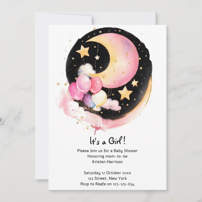 Celestial Blessings: Moon & Stars Baby Girl Shower Invitation (Front)