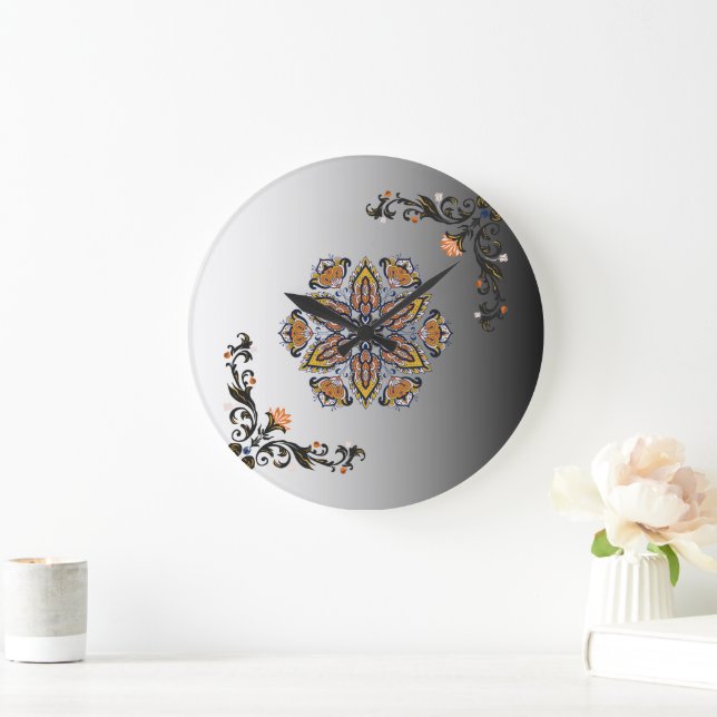 Celestial Bloom Black Gold Mandala Large Clock (Home)