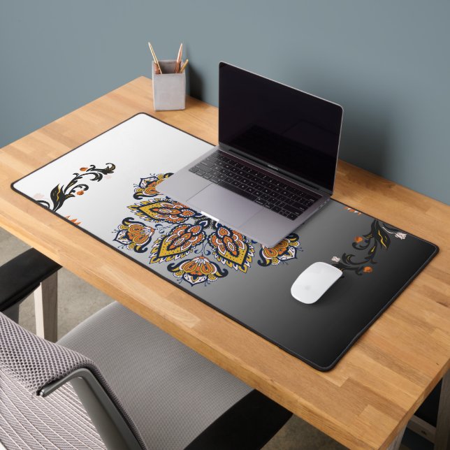 Celestial Bloom – Black & White Mandala Floral Desk Mat (Office 2)