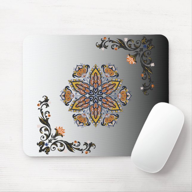 Celestial Bloom – Black & White Mandala Florals Mouse Mat (With Mouse)