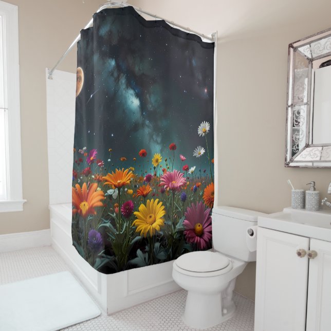 Celestial Blooms: Flowers Under the Milky Way  Shower Curtain (In Situ)