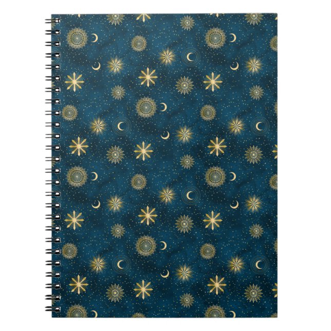 Celestial Blue and Gold Starry Night Crescent Moon Notebook (Front)