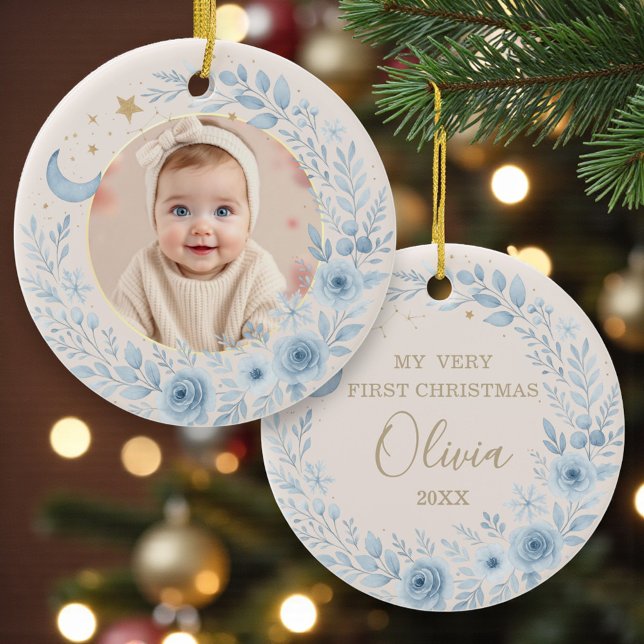 Celestial Blue Baby First Christmas Photo Ceramic Tree Decoration (Creator Uploaded)