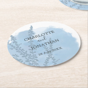 Celestial Blue  Botanical Watercolor Wash Wedding  Round Paper Coaster