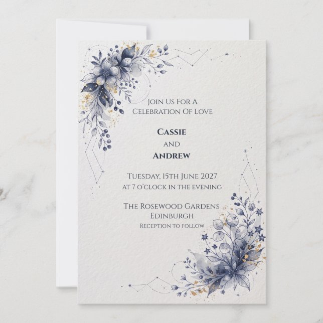 Celestial Blue Botanical Wedding Invitation (Front)
