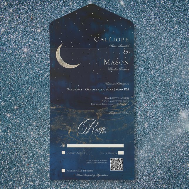 Celestial Blue Crescent Moon Wedding QR Code All In One Invitation (Celestial Blue Crescent Moon Wedding QR Code All In One Invitation)