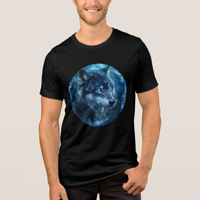 Celestial Blue-Eyed Wolf Wall Art Tri-Blend Shirt (Front)