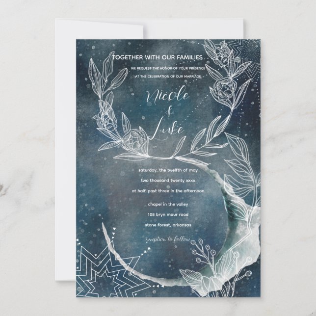 Celestial Blue Flower Moon Invitation (Front)